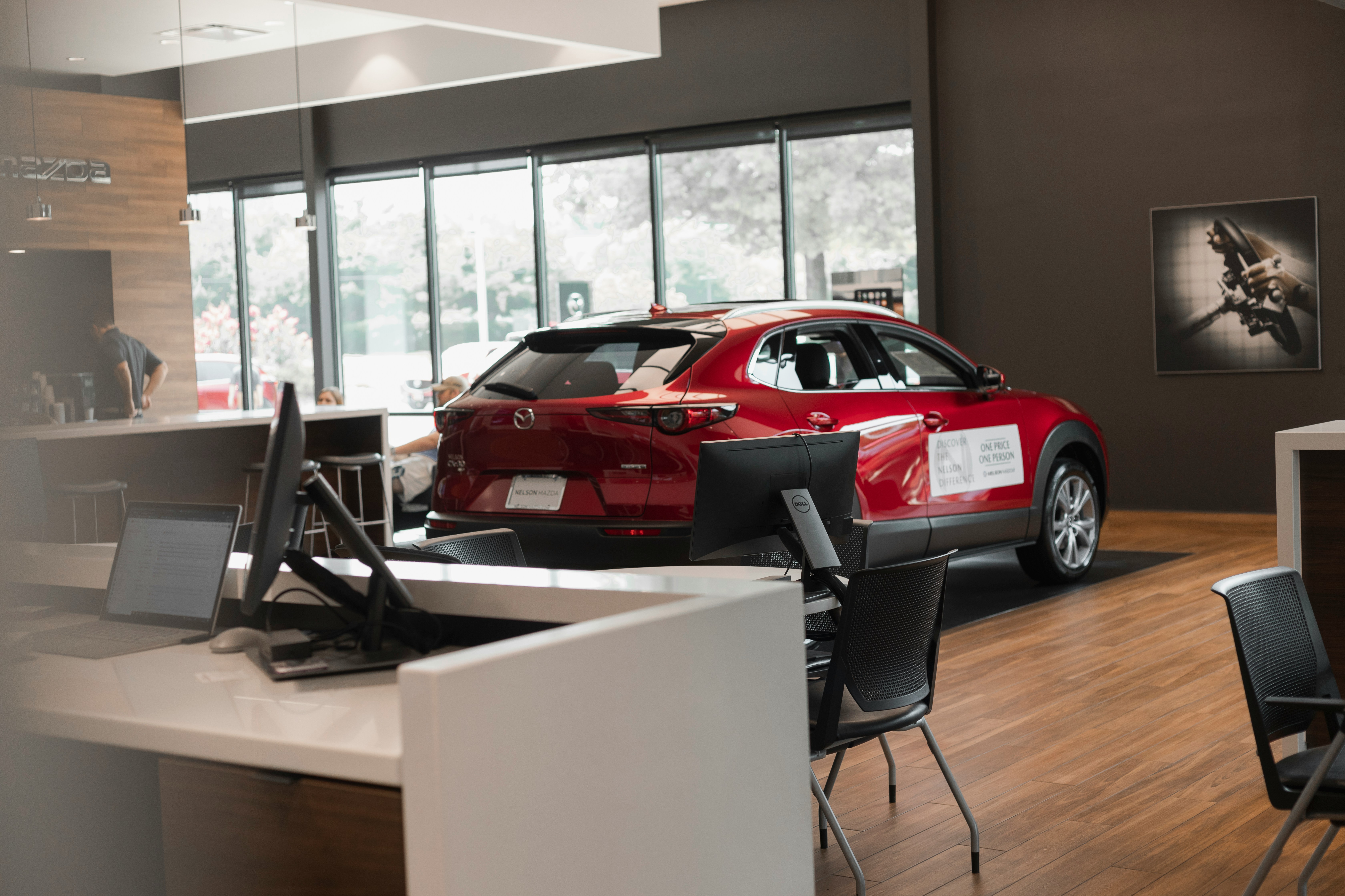 Vehicle inside a car dealership showroom