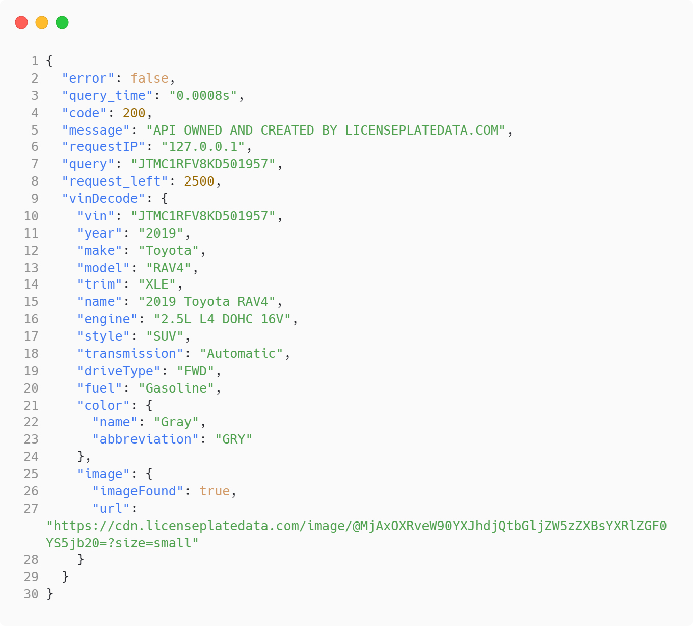 VIN Decode Example Response
